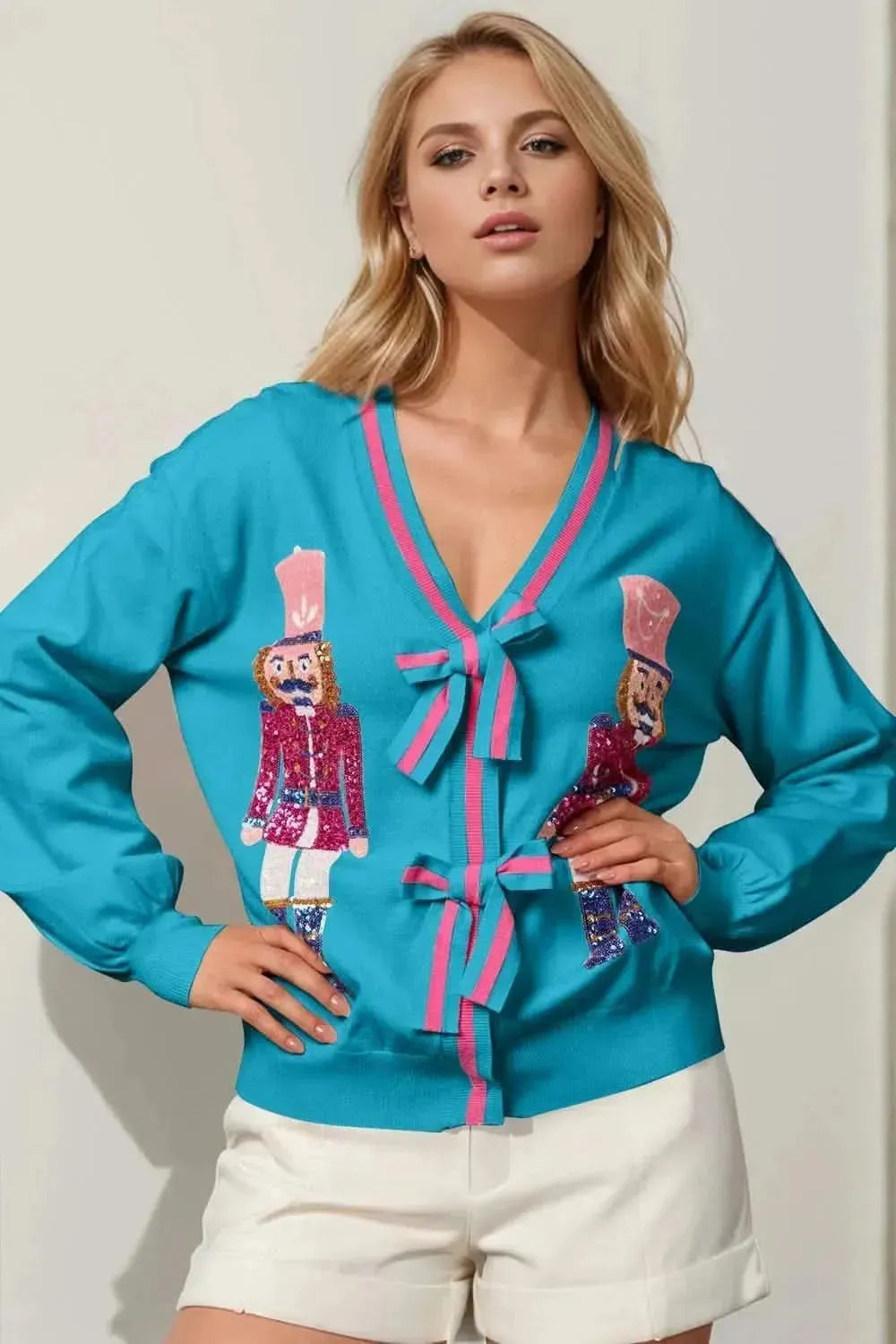 Double Take Full Size Nutcracker Sequin Bow Decor Cardigan - Bad Moms Club