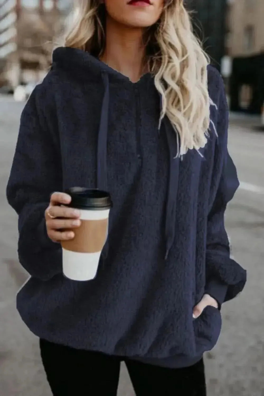 Full Size Quarter-Zip Drawstring Teddy Hoodie - Bad Moms Club