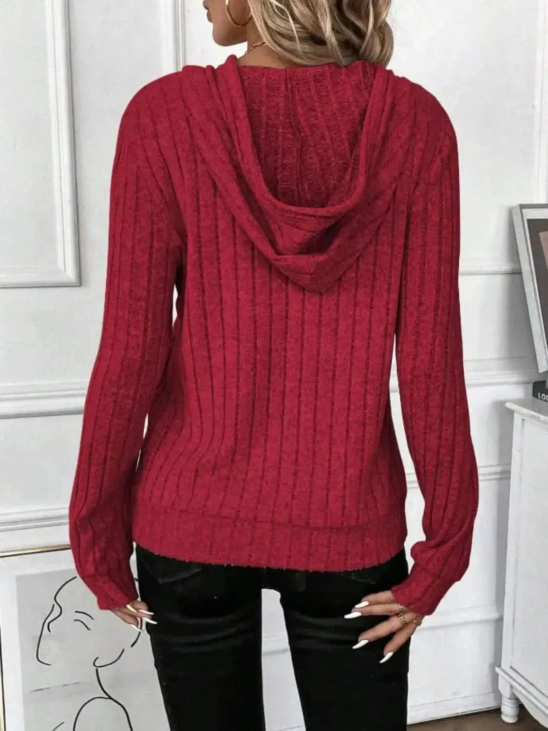 Drawstring Ribbed Long Sleeve Hoodie - Bad Moms Club