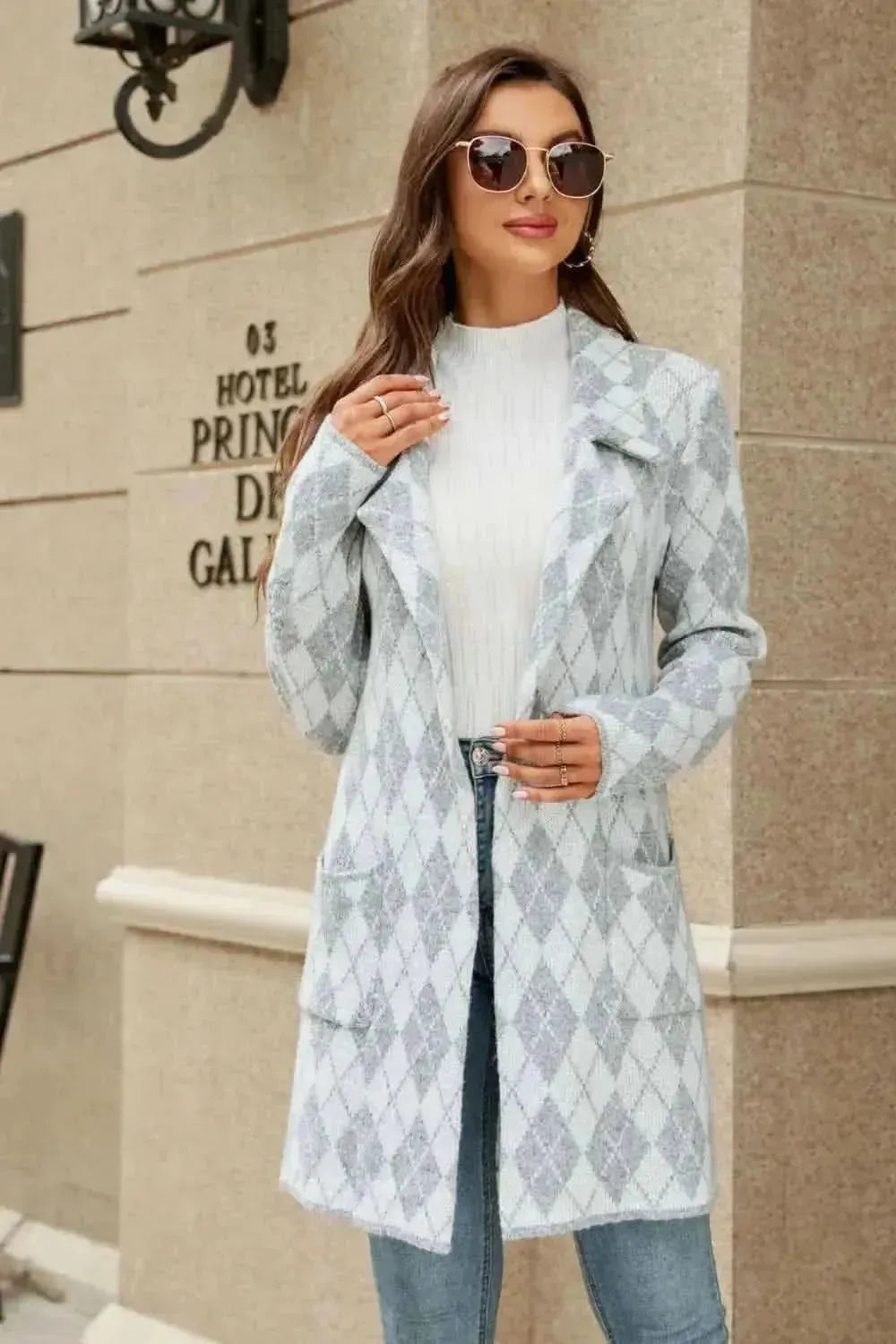 Printed Open Front Lapel Collar Cardigan with Pockets - Bad Moms Club