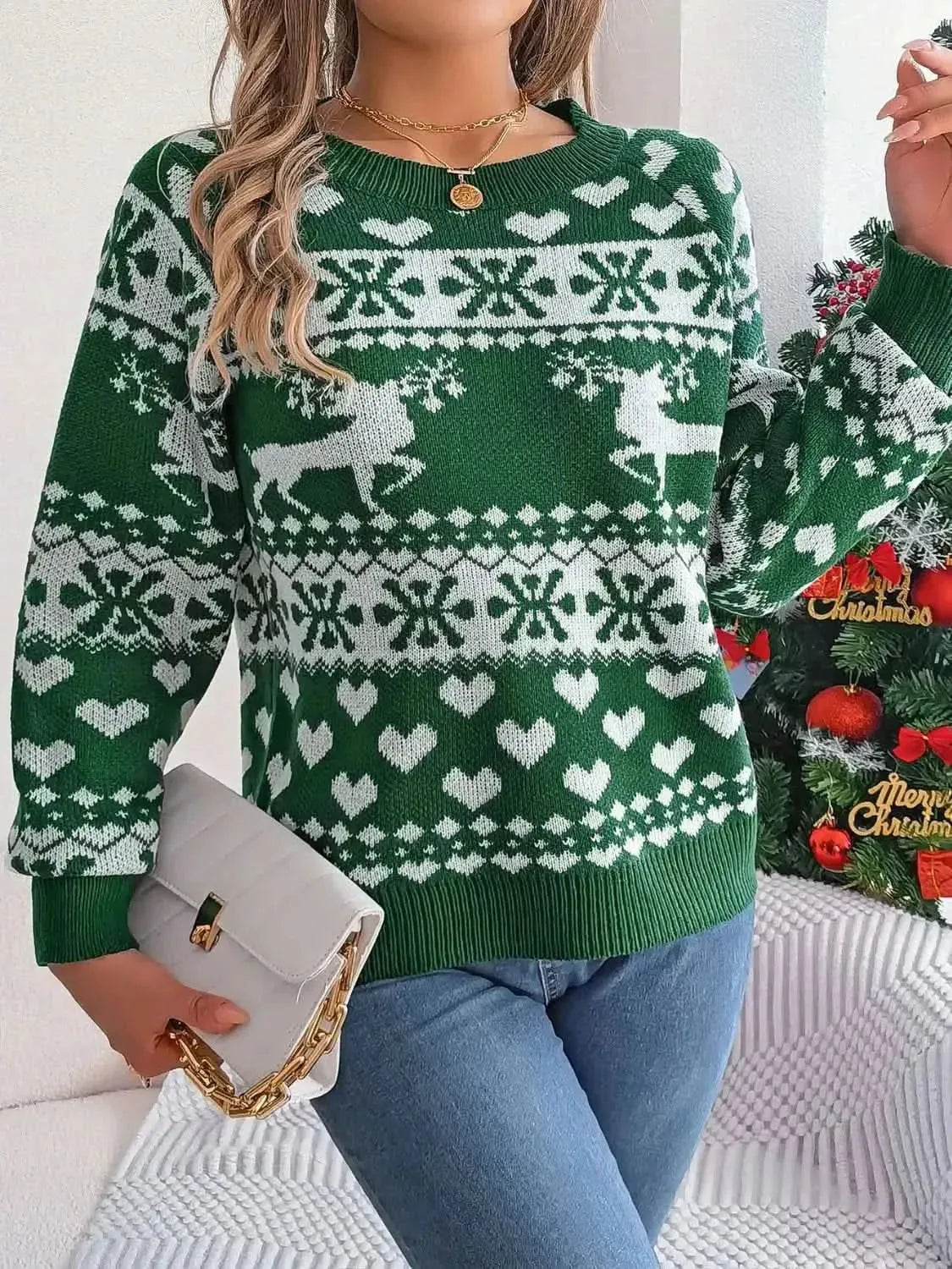 Christmas Element Round Neck Long Sleeve Sweater - Bad Moms Club