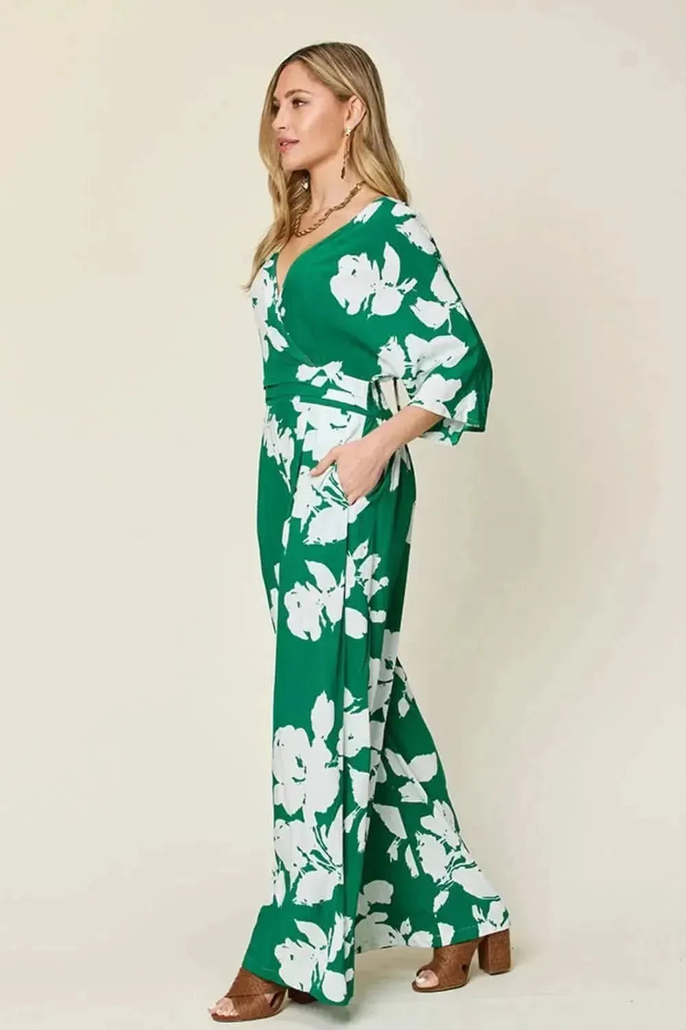 Double Take Full Size Printed Tie Back Wide Leg Jumpsuit - Bad Moms Club