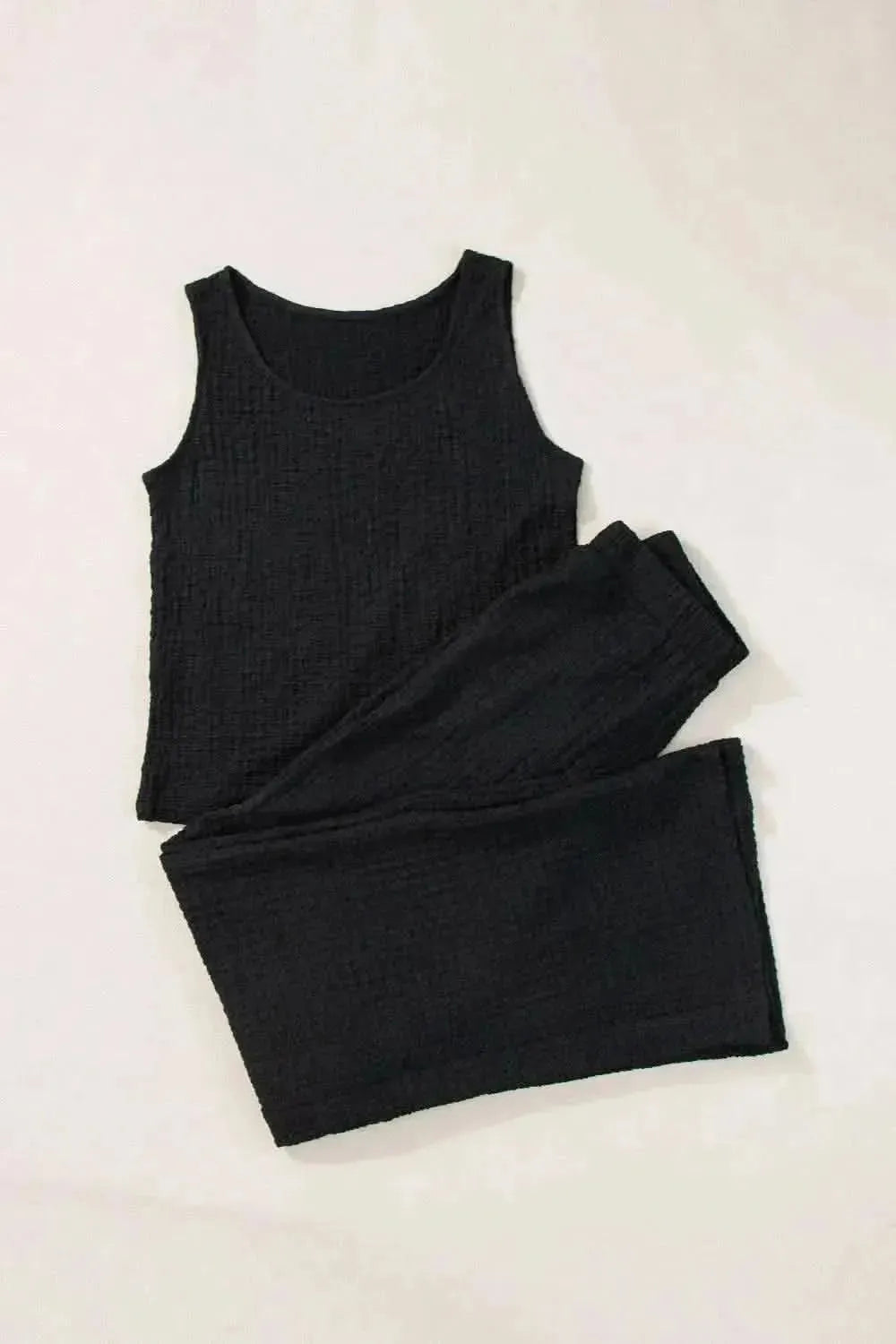 Textured Round Neck Top and Wide Leg Pants Set - Bad Moms Club