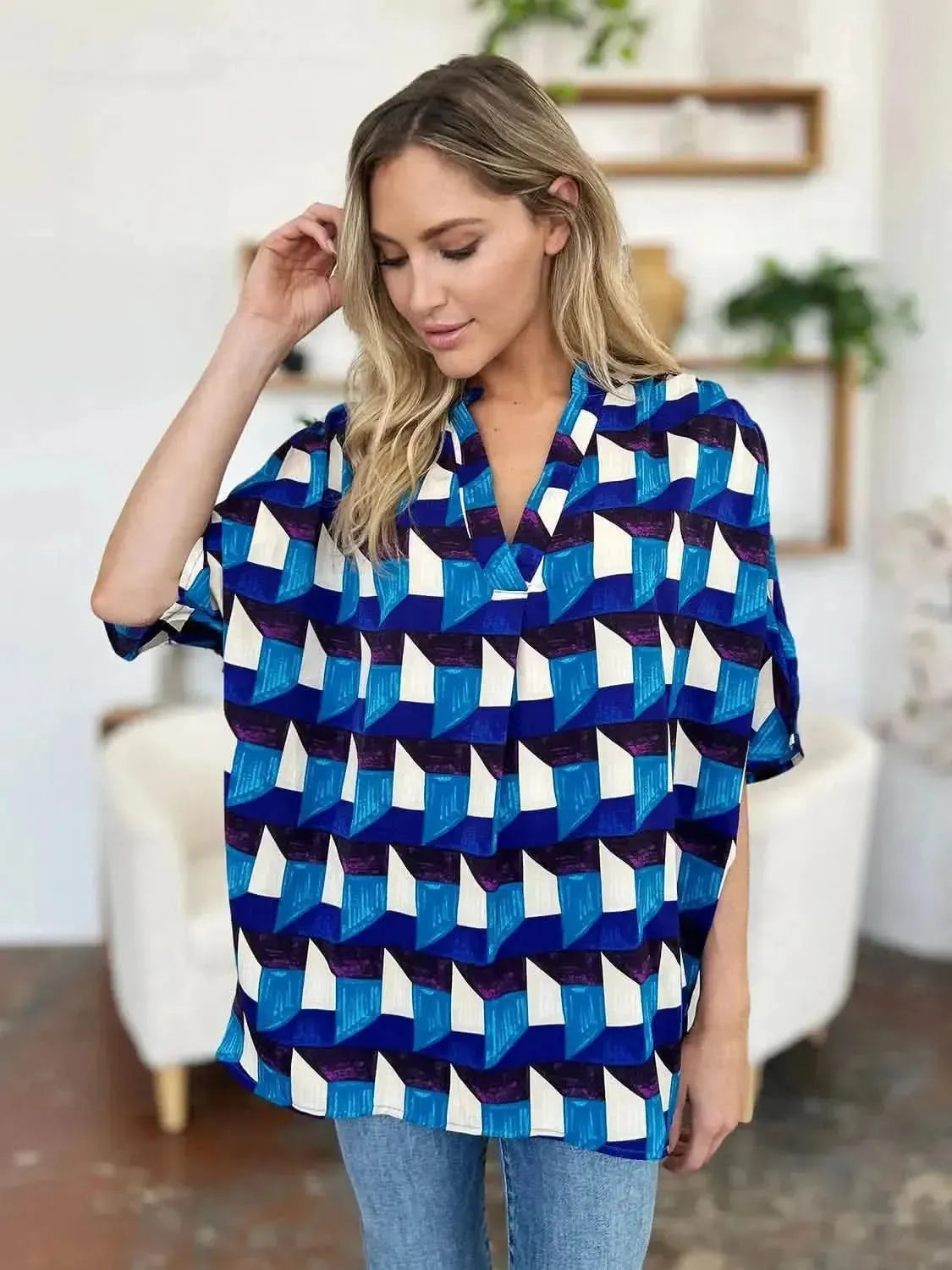 Double Take Full Size Geometric Notched Half Sleeve Blouse - Bad Moms Club
