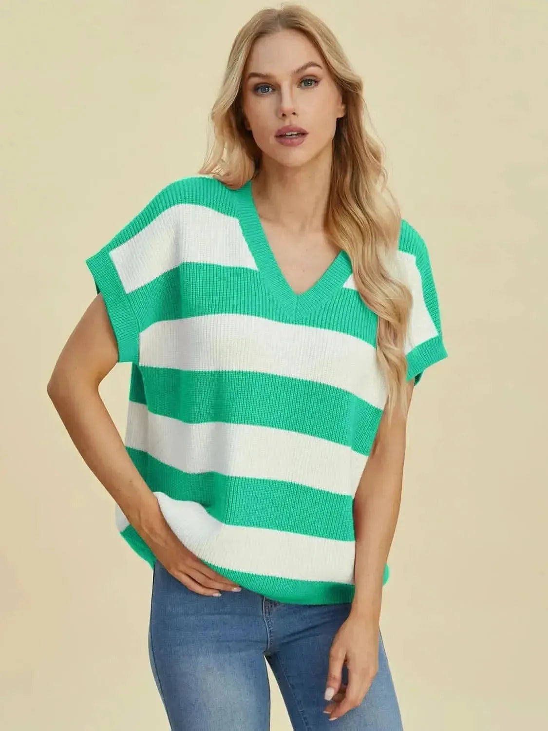 Double Take Full Size Striped V-Neck Short Sleeve Sweater - Bad Moms Club