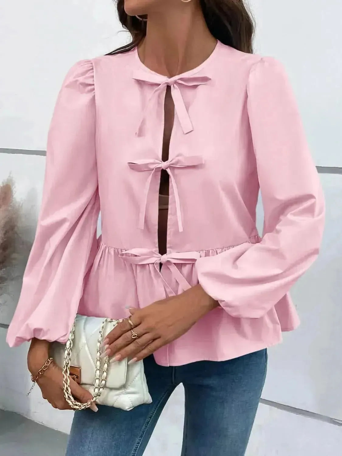Ivy Lane Peplum Tied Long Sleeve Blouse - Bad Moms Club