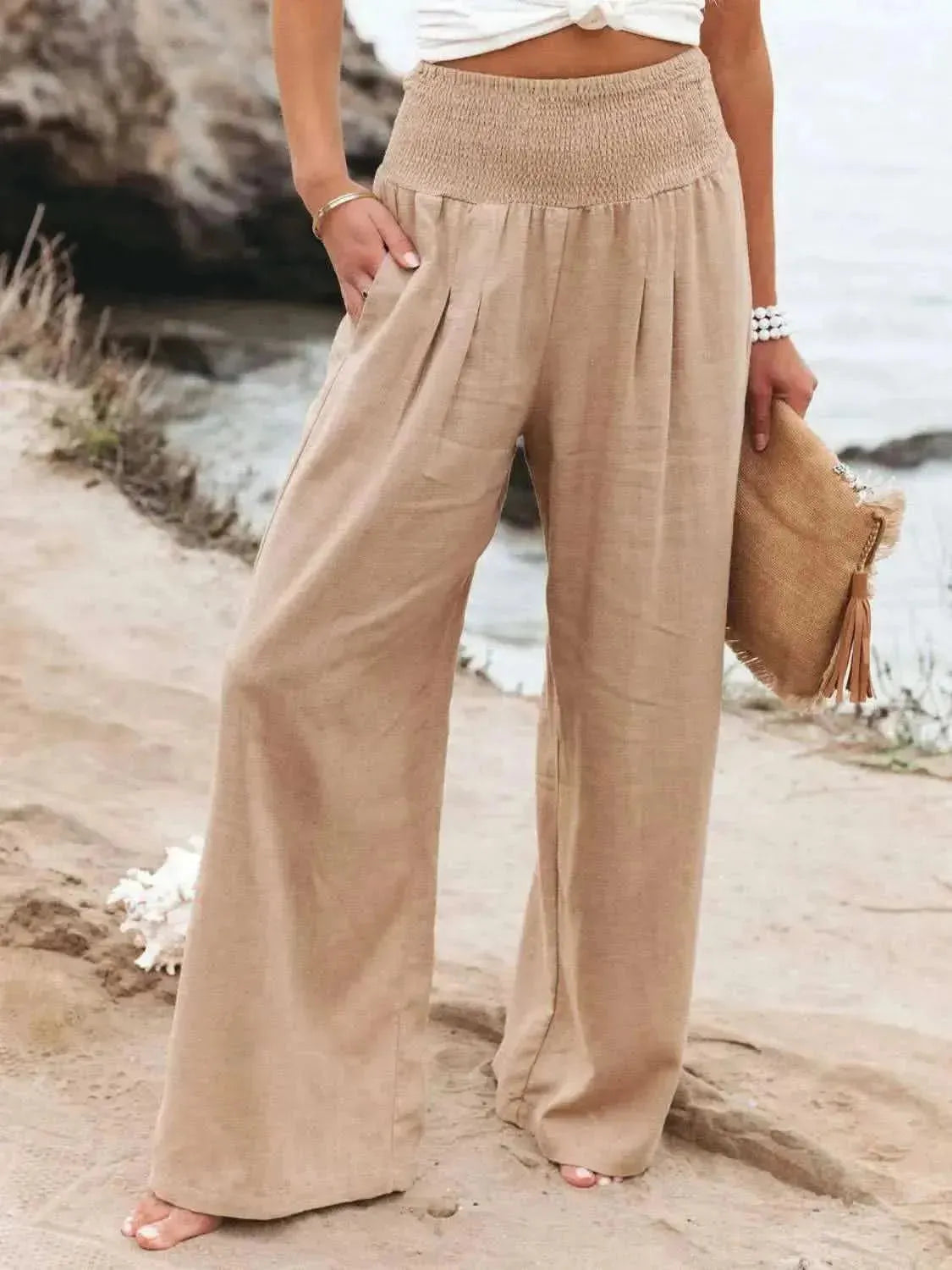Full Size Smocked Waist Wide Leg Pants - Bad Moms Club