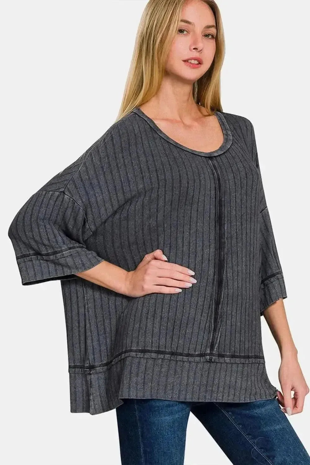Zenana Washed Ribbed Drop Shoulder Half Sleeve Top - Bad Moms Club