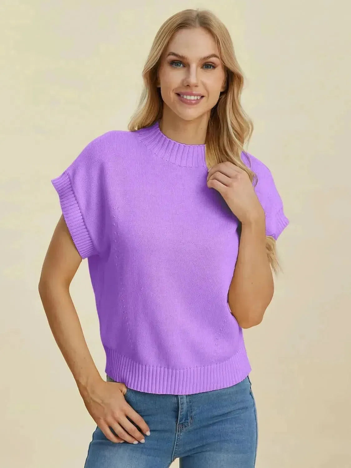 Double Take Full Size Mock Neck Short Sleeve Sweater - Bad Moms Club