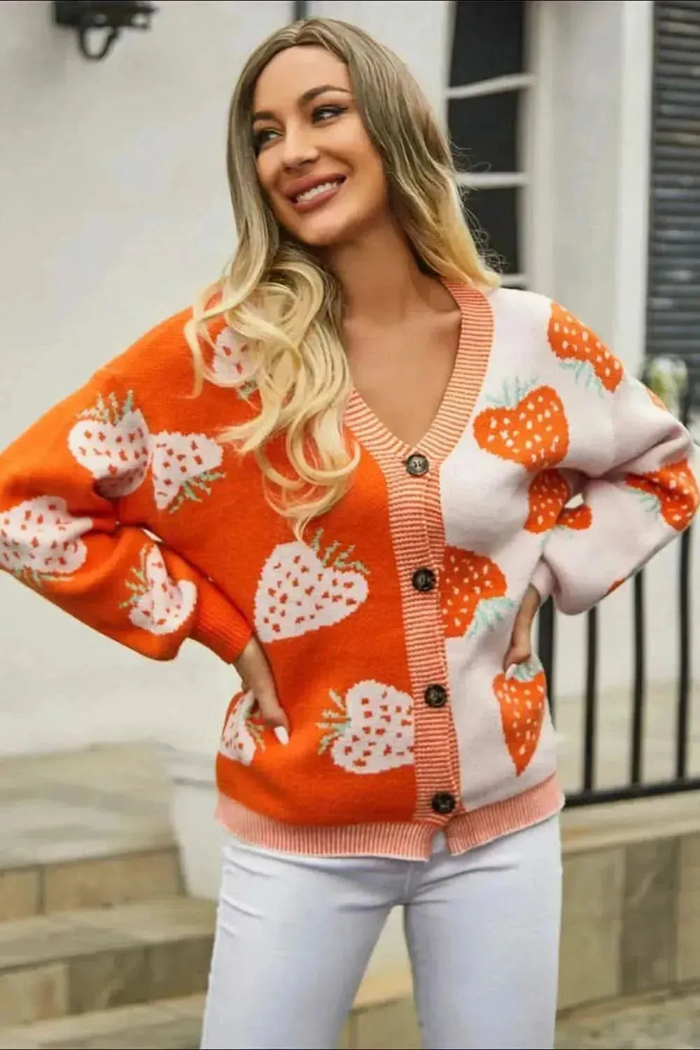 Printed V-Neck Button-Down Long Sleeve Cardigan - Bad Moms Club