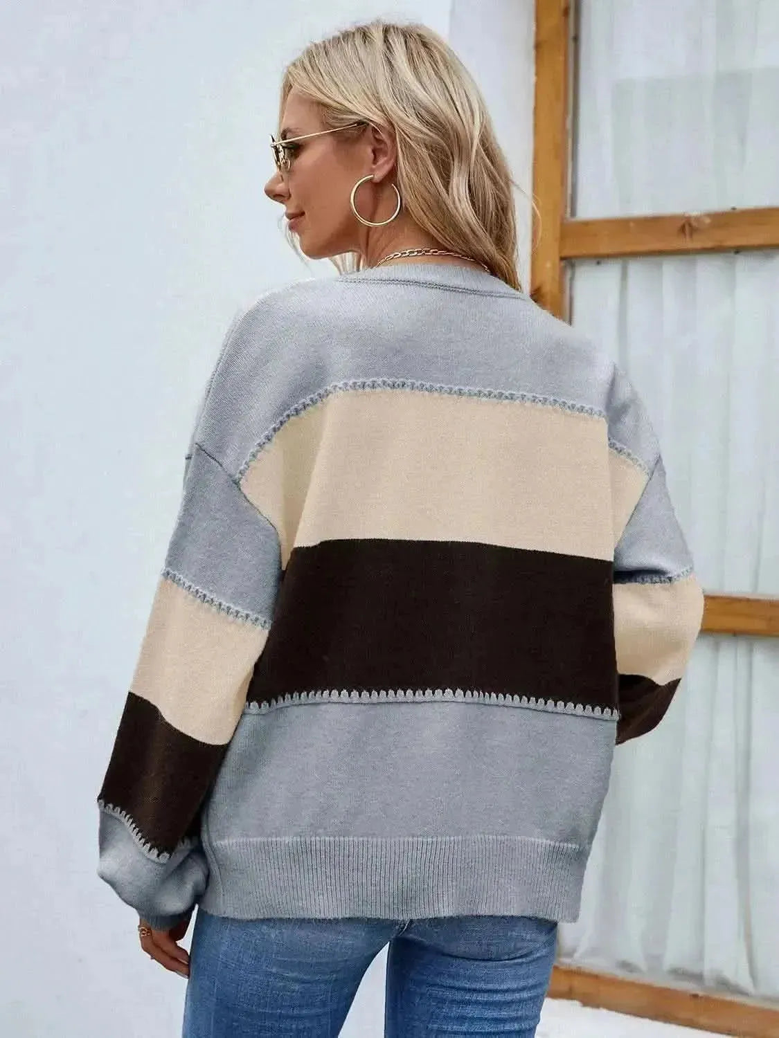 Color Block Button Up Lantern Sleeve Cardigan - Bad Moms Club