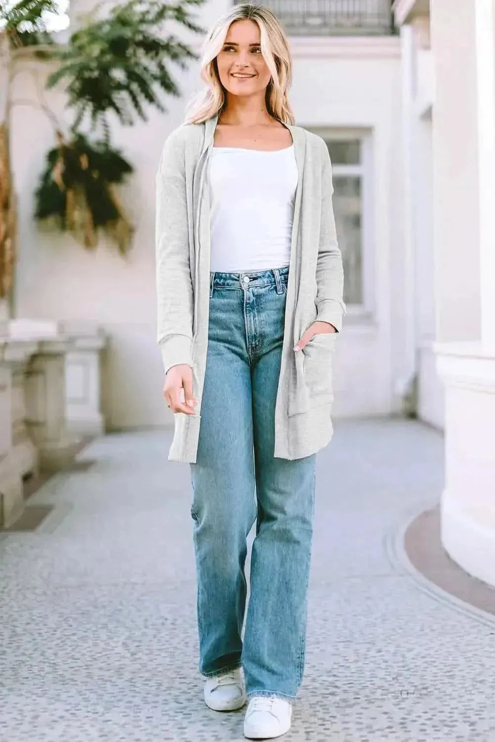 Pocketed Open Front Long Sleeve Cardigan - Bad Moms Club