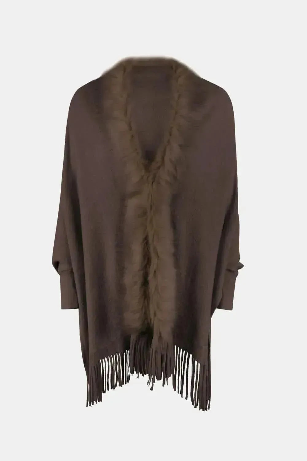 Fringe Open Front Long Sleeve Poncho - Bad Moms Club