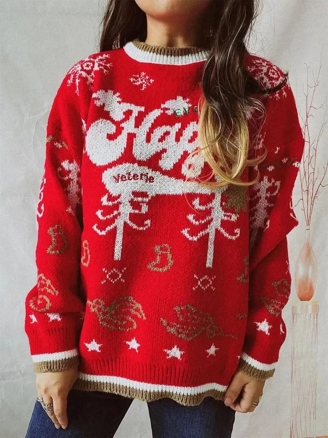 HAPPY Round Neck Long Sleeve Sweater - Bad Moms Club
