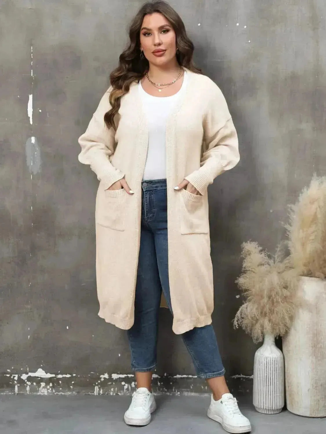 Plus Size Long Sleeve Pocketed Cardigan - Bad Moms Club