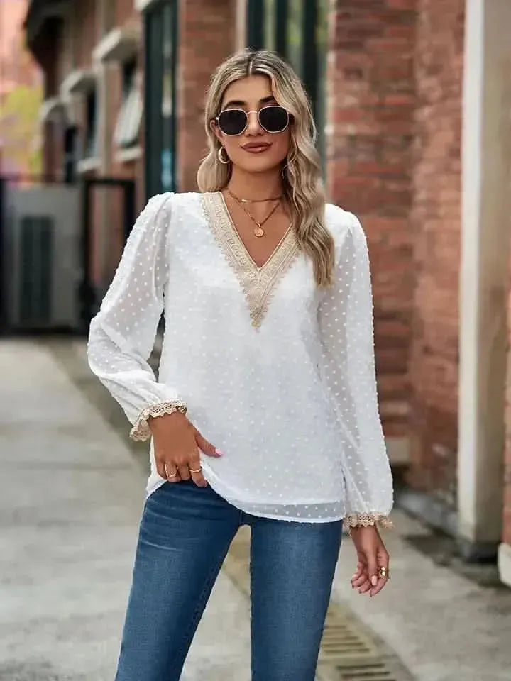 Swiss Dot V-Neck Long Sleeve Blouse - Bad Moms Club