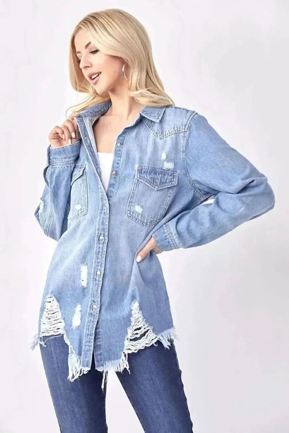RISEN Button Up Distressed Denim Shirt - Bad Moms Club