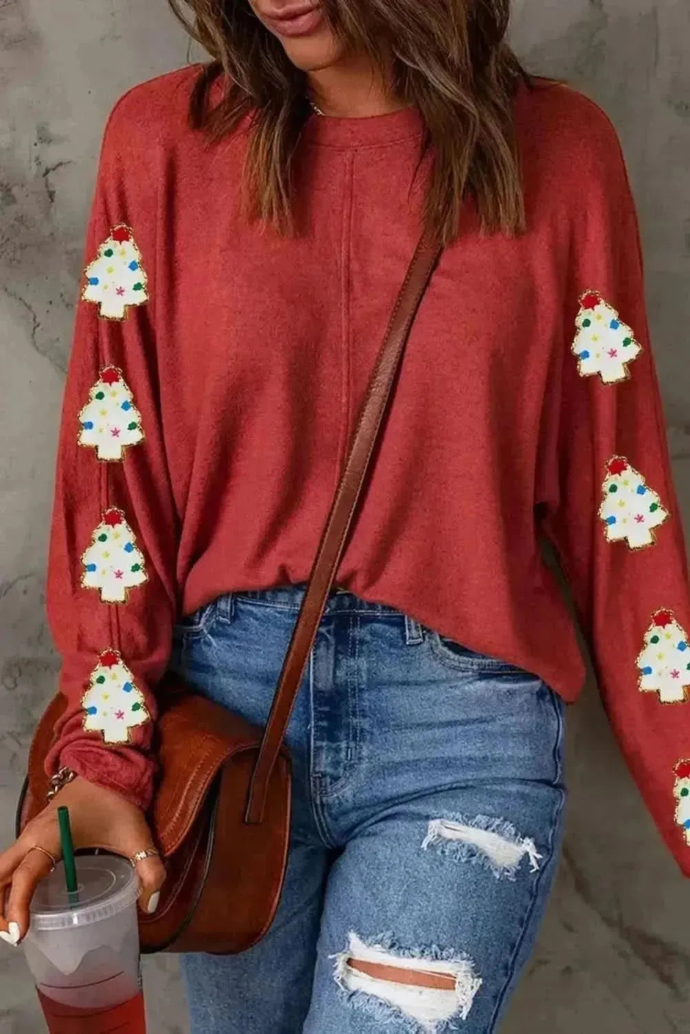 Christmas Tree Round Neck Long Sleeve Top - Bad Moms Club