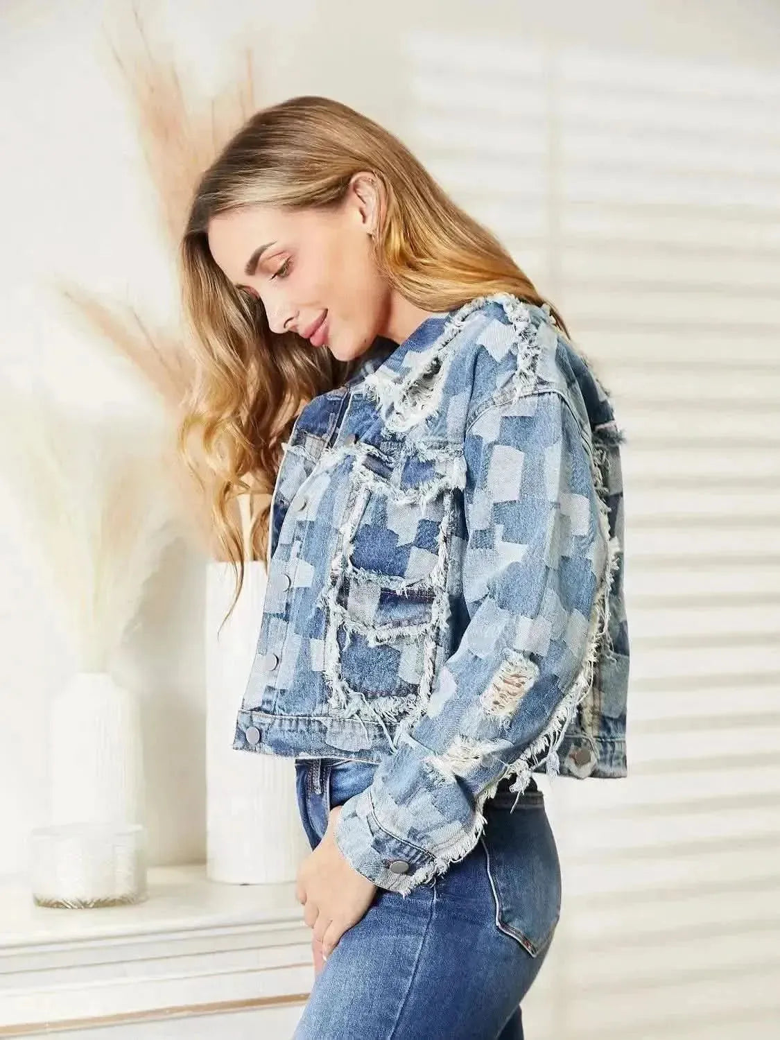 Plaid Raw Hem Dropped Shoulder Denim Jacket - Bad Moms Club