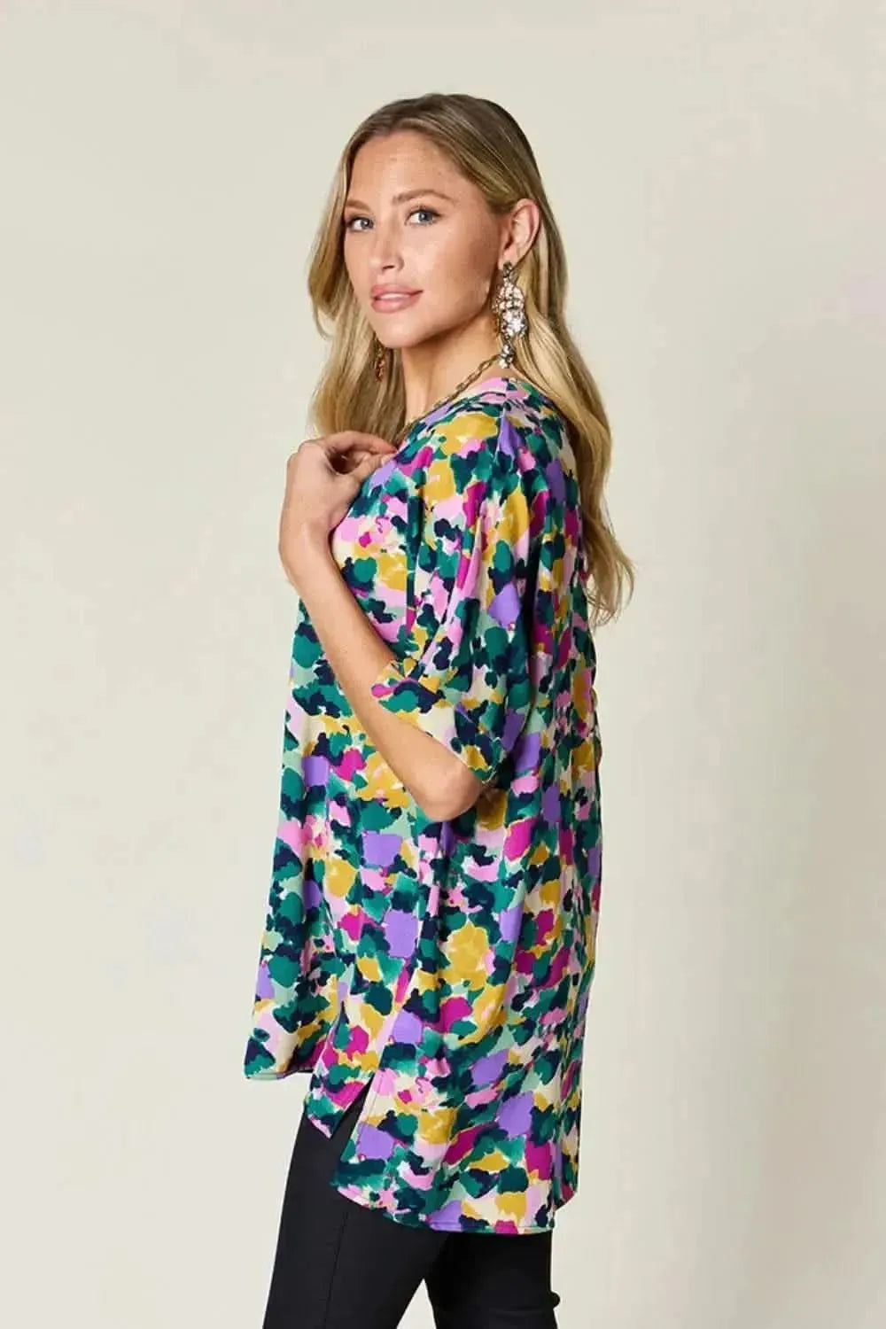 Double Take Full Size Printed V-Neck Short Sleeve Side Slit Top - Bad Moms Club