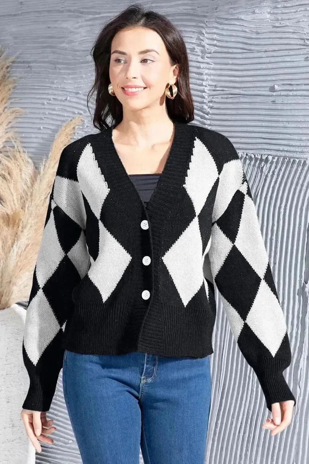 Geometric Button Up Dropped Shoulder Cardigan - Bad Moms Club