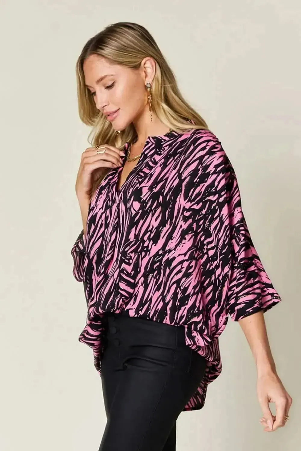 Double Take Full Size Printed Notched Three-Quarter Sleeve Blouse - Bad Moms Club