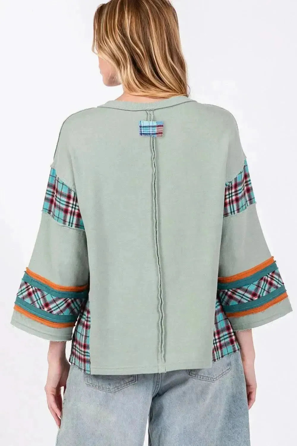 SAGE + FIG Peace Applique Patch Contrast Plaid Top - Bad Moms Club