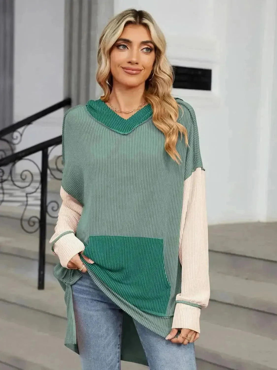 Double Take Contrast Hooded Long Sleeve Top - Bad Moms Club