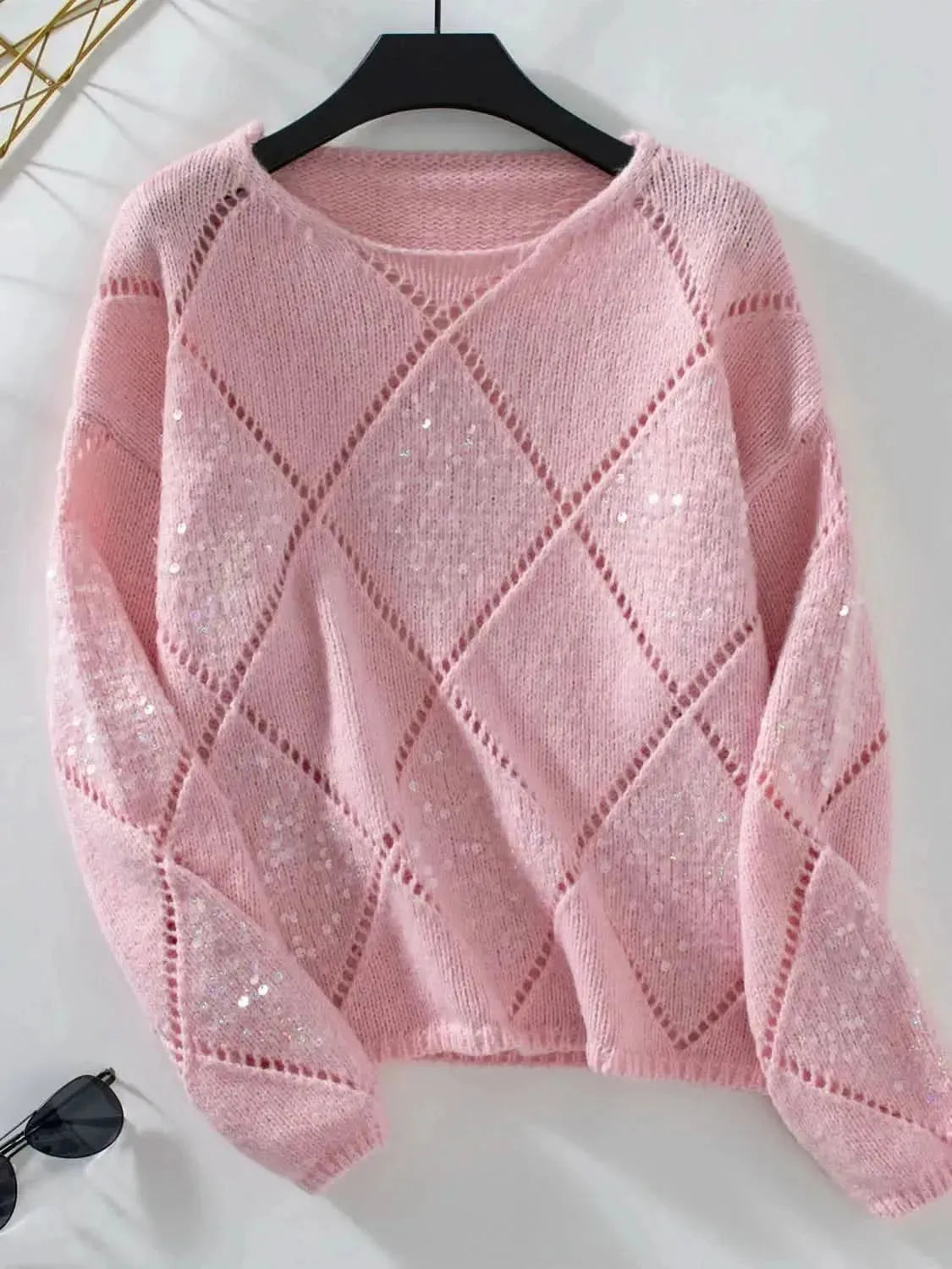 Openwork Round Neck Long Sleeve Knit Top - Bad Moms Club