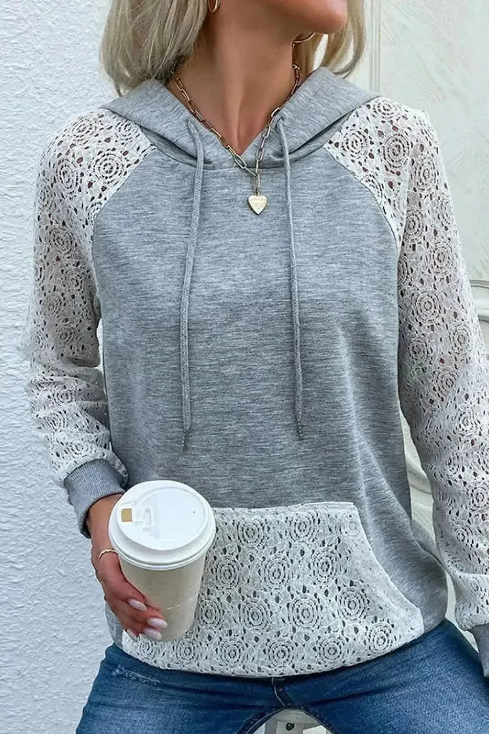 Perfee Lace Raglan Sleeve Drawstring Hoodie - Bad Moms Club