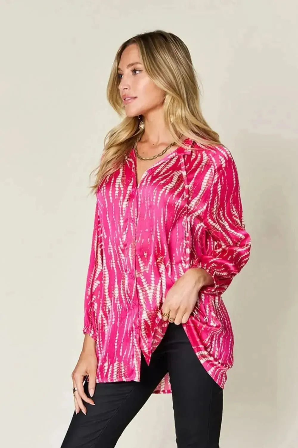 Double Take Full Size Printed Button Up Long Sleeve Shirt - Bad Moms Club