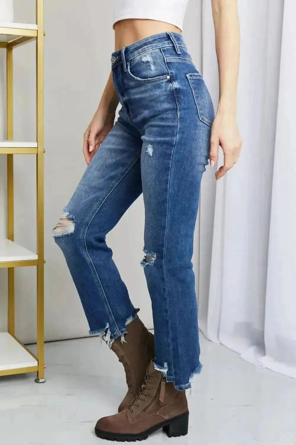 RISEN Frayed Hem Distressed Cropped Jeans - Bad Moms Club