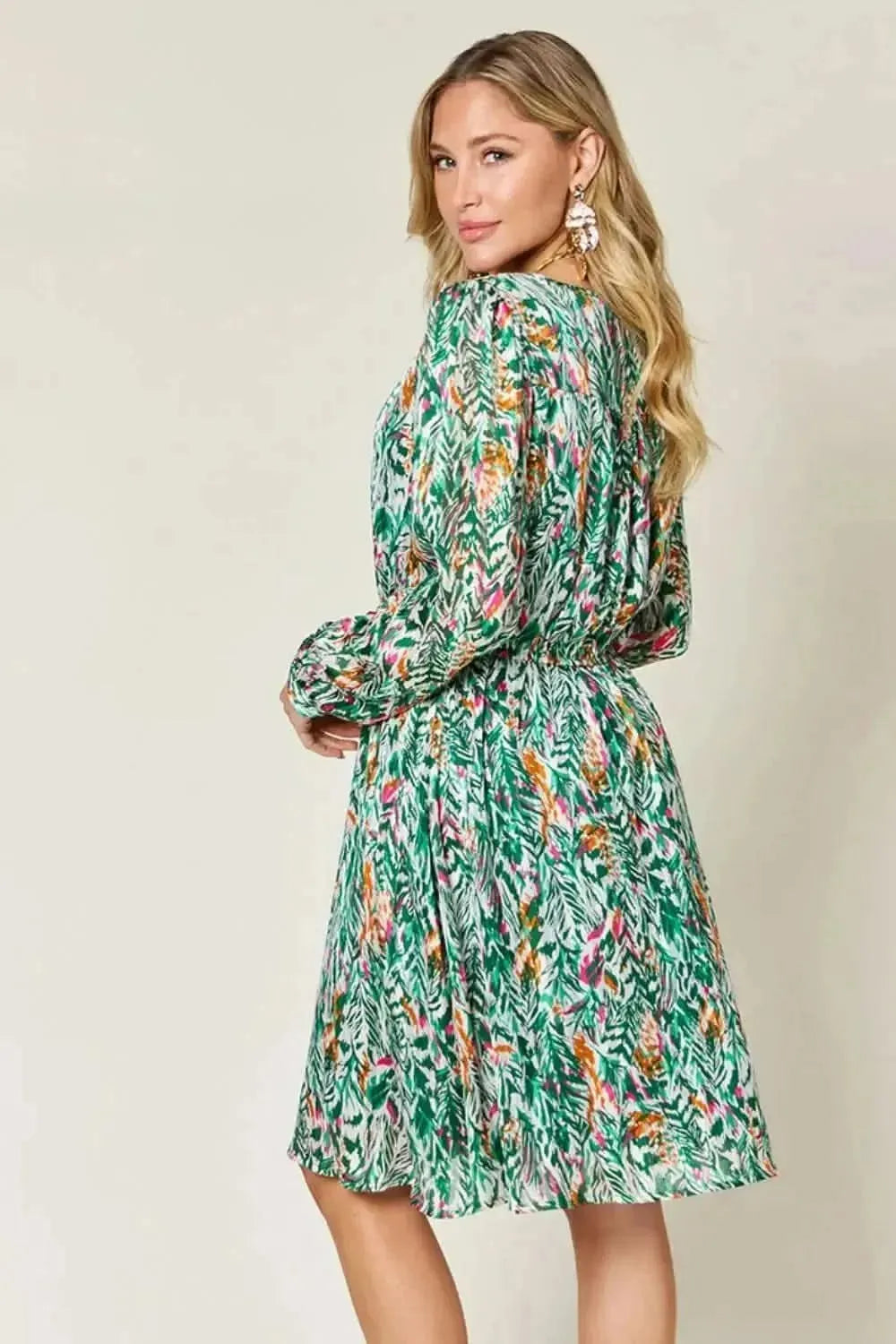 Double Take Full Size Printed Drawstring Waist Long Sleeve Dress - Bad Moms Club