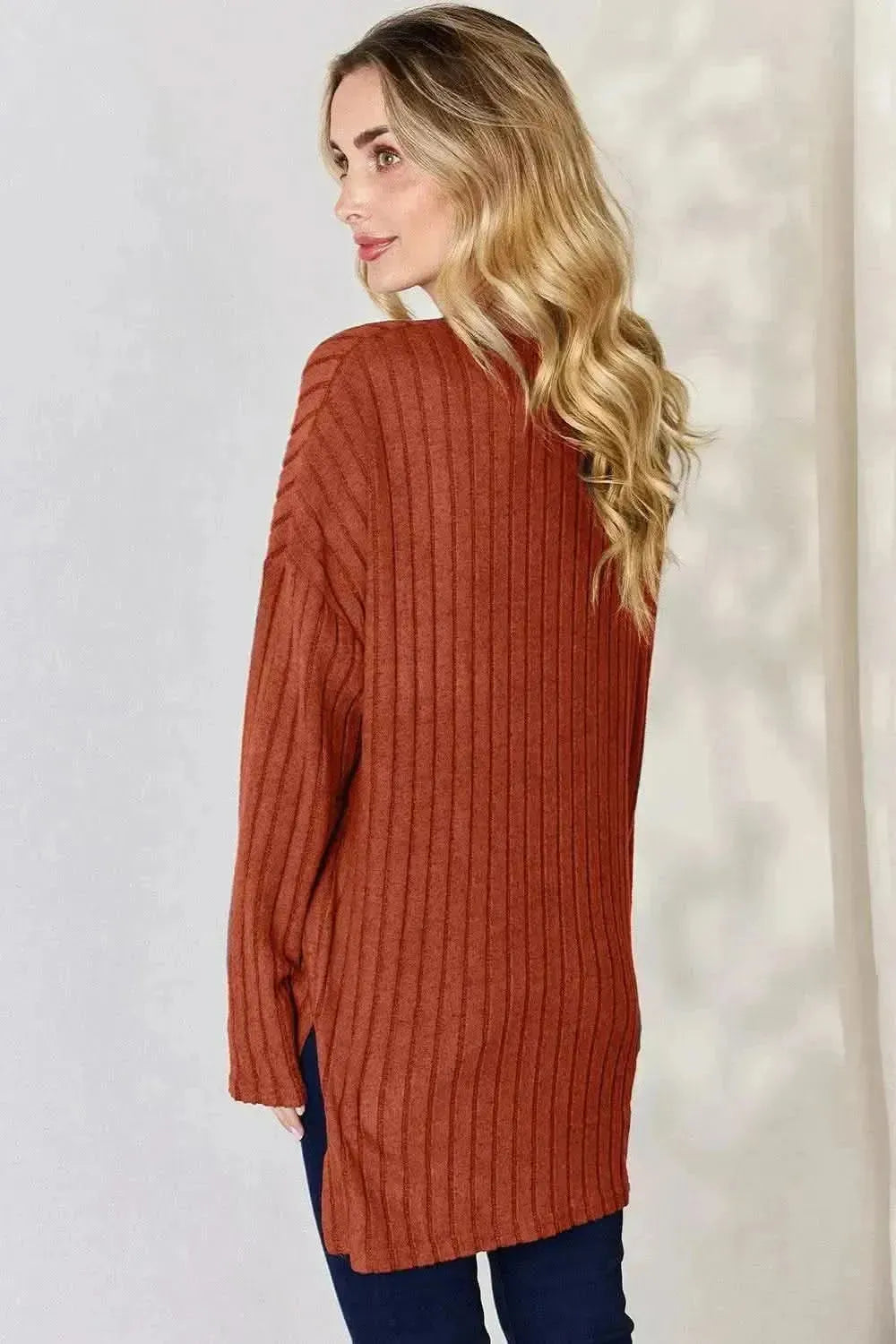 Basic Bae Full Size Ribbed Half Button Long Sleeve High-Low T-Shirt - Bad Moms Club