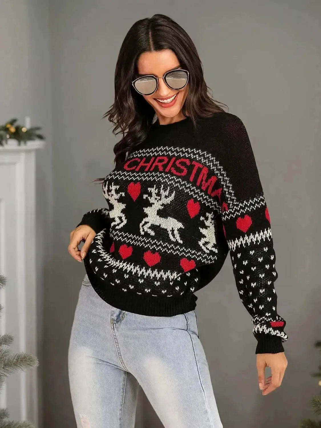 Perfee Christmas Element Round Neck Sweater - Bad Moms Club