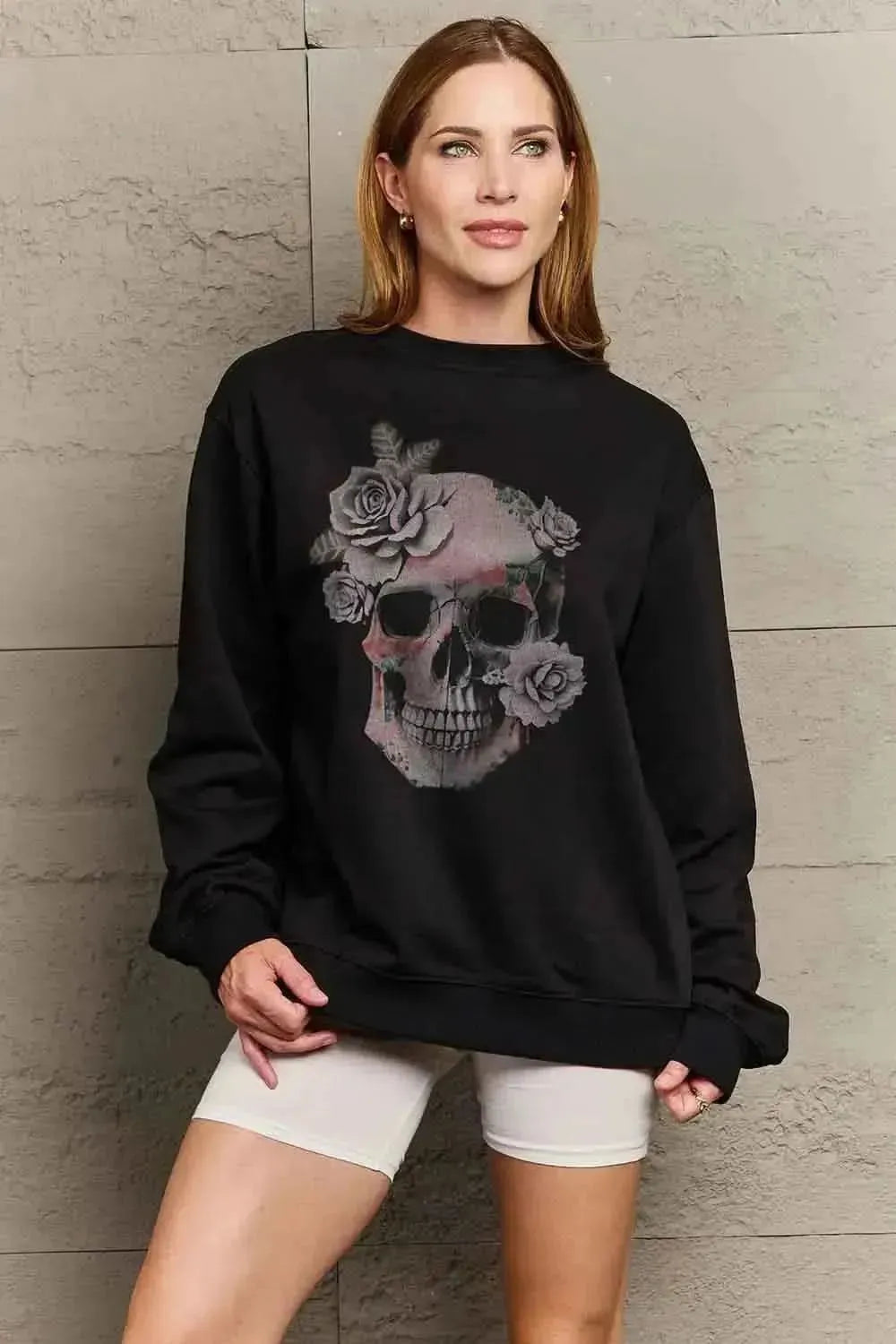 Simply Love Simply Love Full Size Dropped Shoulder SKULL Graphic Sweatshirt - Bad Moms Club
