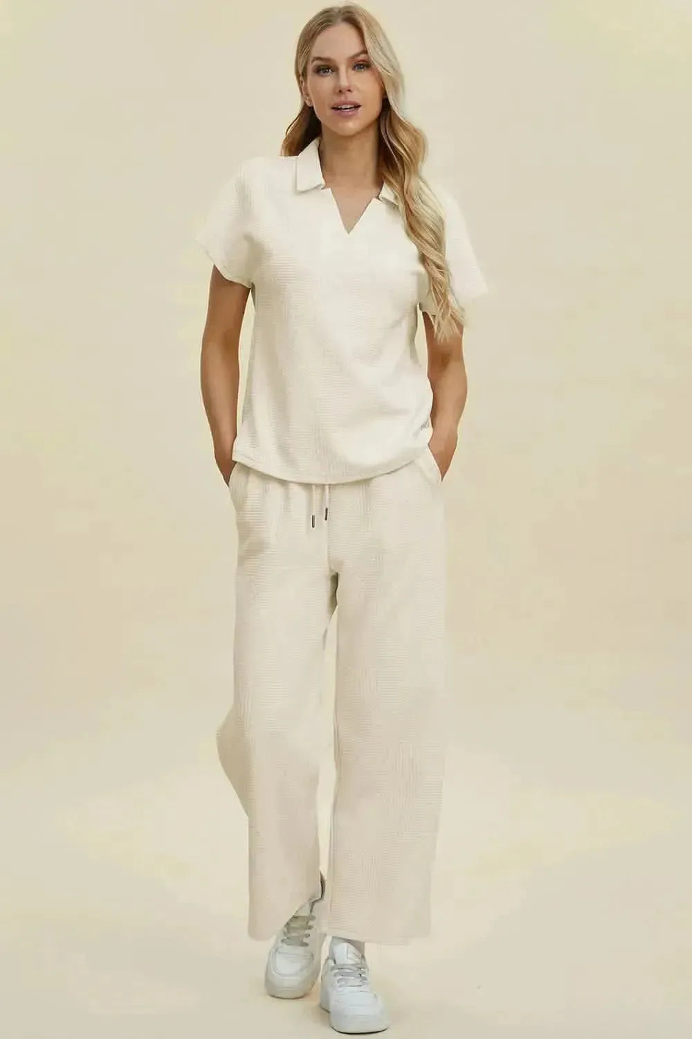 Double Take Full Size Collared Neck Short Sleeve Top and Pants Set - Bad Moms Club
