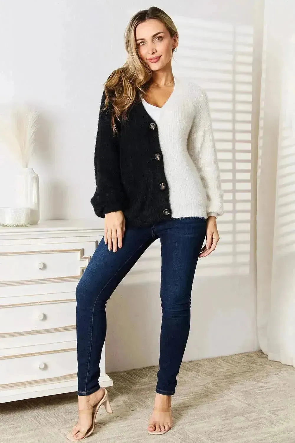 Woven Right Contrast Button-Front V-Neck Cardigan - Bad Moms Club