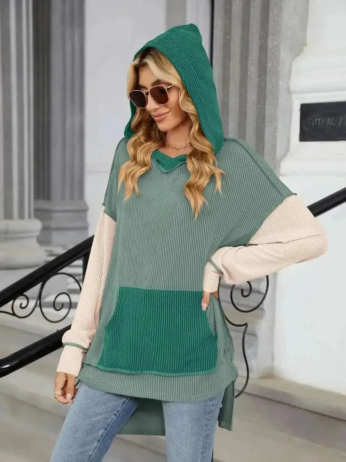 Double Take Contrast Hooded Long Sleeve Top - Bad Moms Club