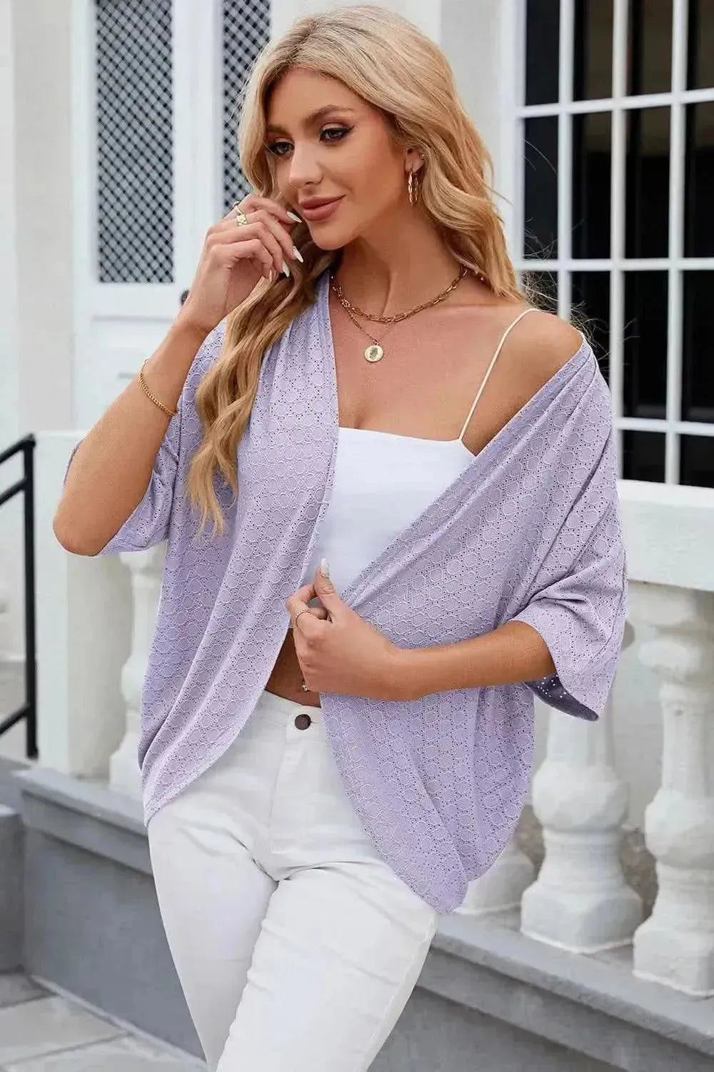 Eyelet Open Front Half Sleeve Cardigan - Bad Moms Club