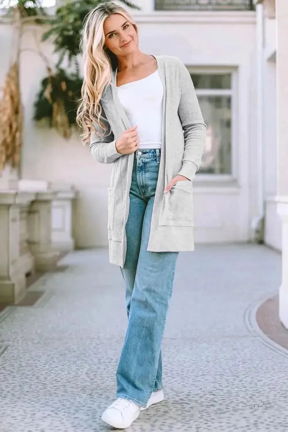 Pocketed Open Front Long Sleeve Cardigan - Bad Moms Club