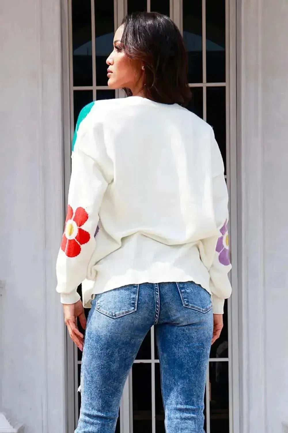 Flower Pattern Open Front Long Sleeve Cardigan - Bad Moms Club