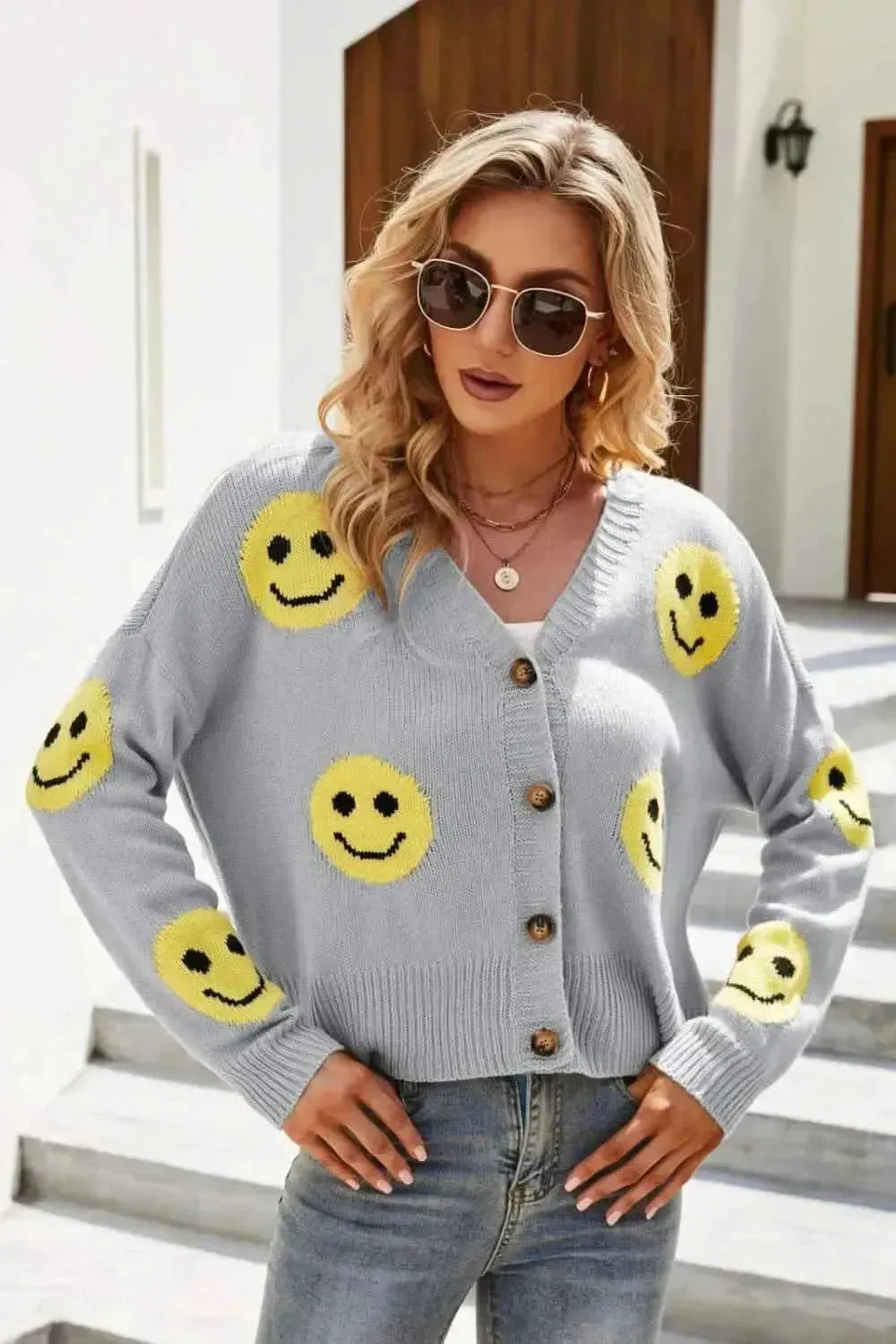Smiley Face Ribbed Trim V-Neck Cardigan - Bad Moms Club