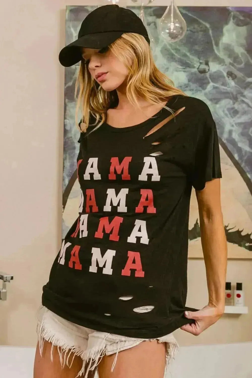 BiBi MAMA Graphic Distressed Short Sleeve T-Shirt - Bad Moms Club