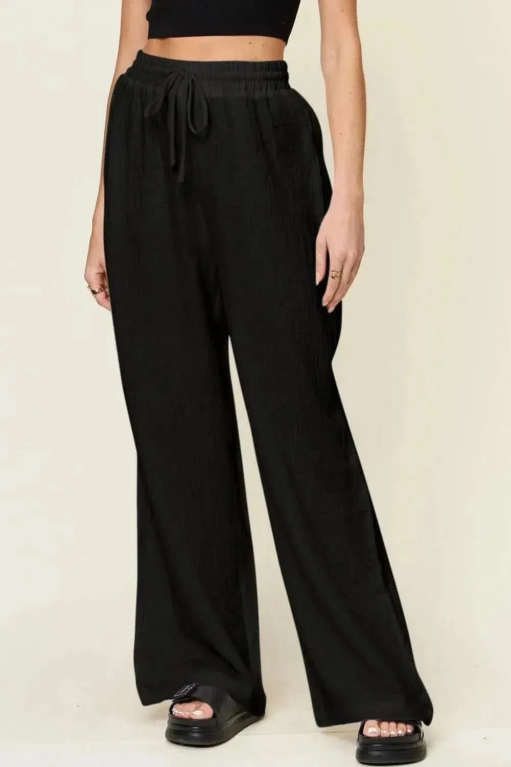 Double Take Full Size Texture Drawstring Wide Leg Pants - Bad Moms Club