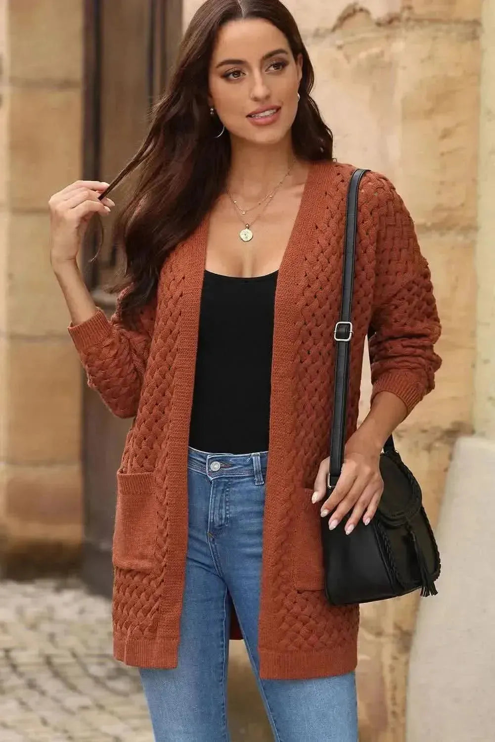 Open Front Dropped Shoulder Cardigan with Pockets - Bad Moms Club