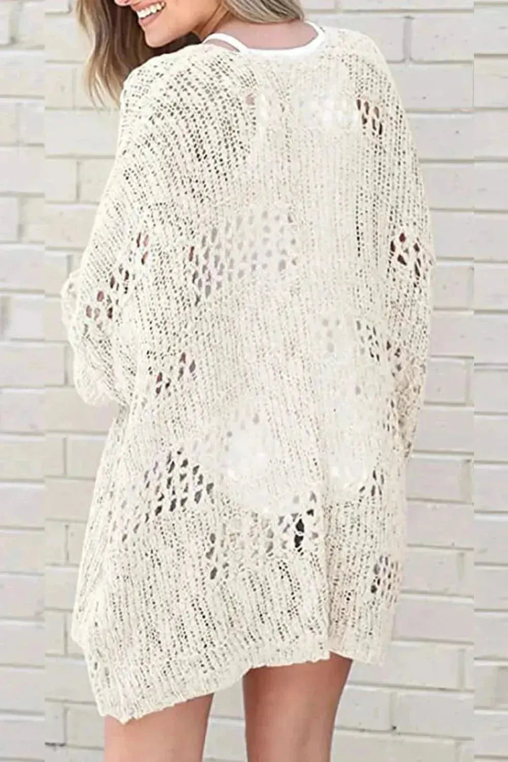 Openwork Open Front Long Sleeve Cardigan - Bad Moms Club