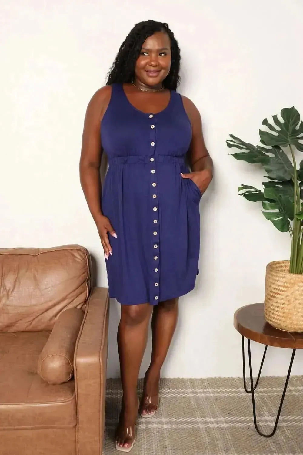Double Take Button Front Empire Waist Sleeveless Slit Magic Dress - Bad Moms Club