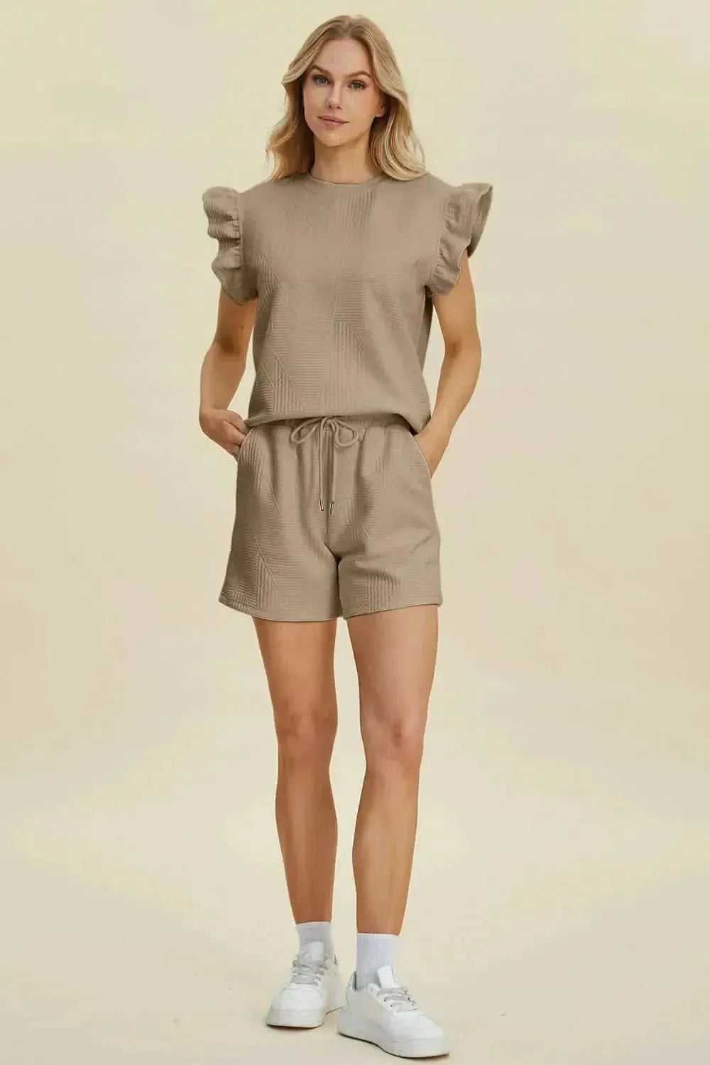 Double Take Full Size Texture Round Neck Ruffle Sleeve Top and Shorts Set - Bad Moms Club