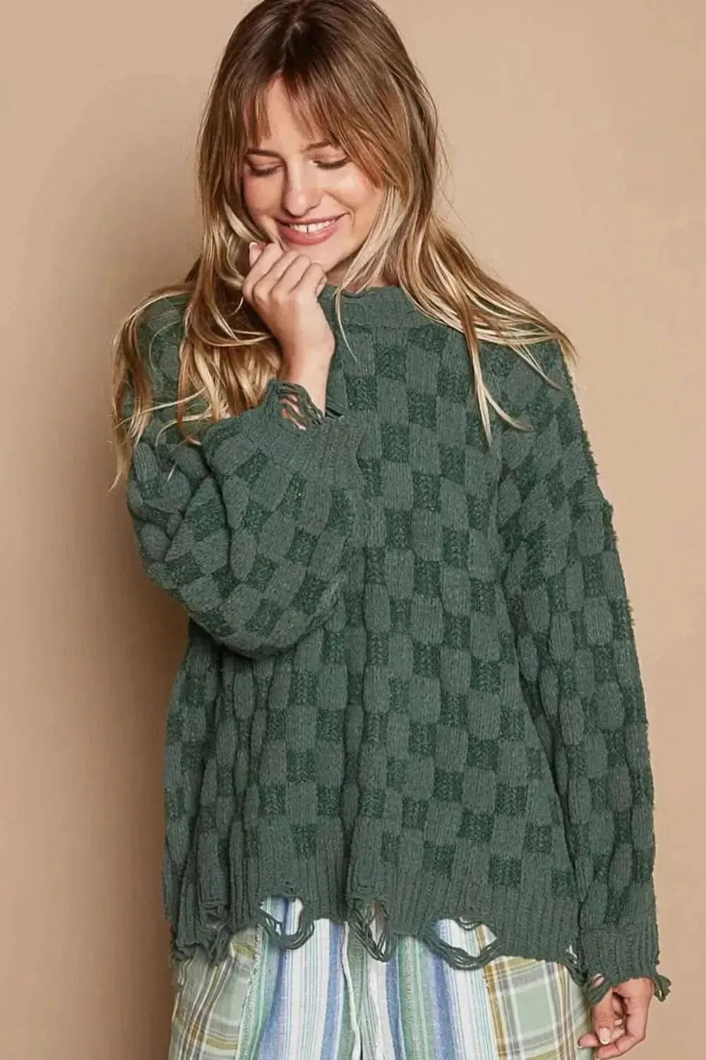 POL Checkered Distressed Edge Sweater - Bad Moms Club